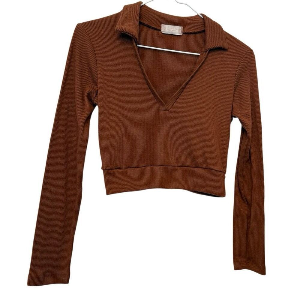 Altar'd State Ribbed Collared Long Sleeve Cropped Pullover Sweater Top Brown XS